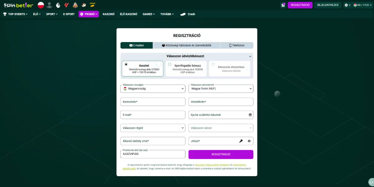 A SpinBetter Kaszinó regisztrációs oldalának előnézete