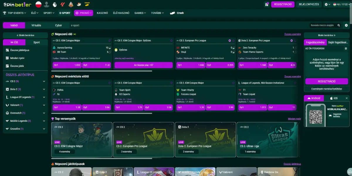 A SpinBetter Kaszinó e-sport fogadási lehetőségeinek előnézete